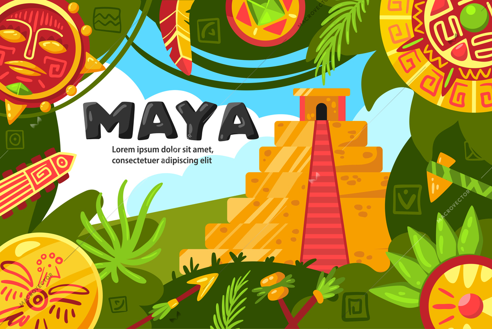 Maya civilization horizontal poster with collage of ancient pyramid tropical foliage and round jewelry artifact items vector illustration