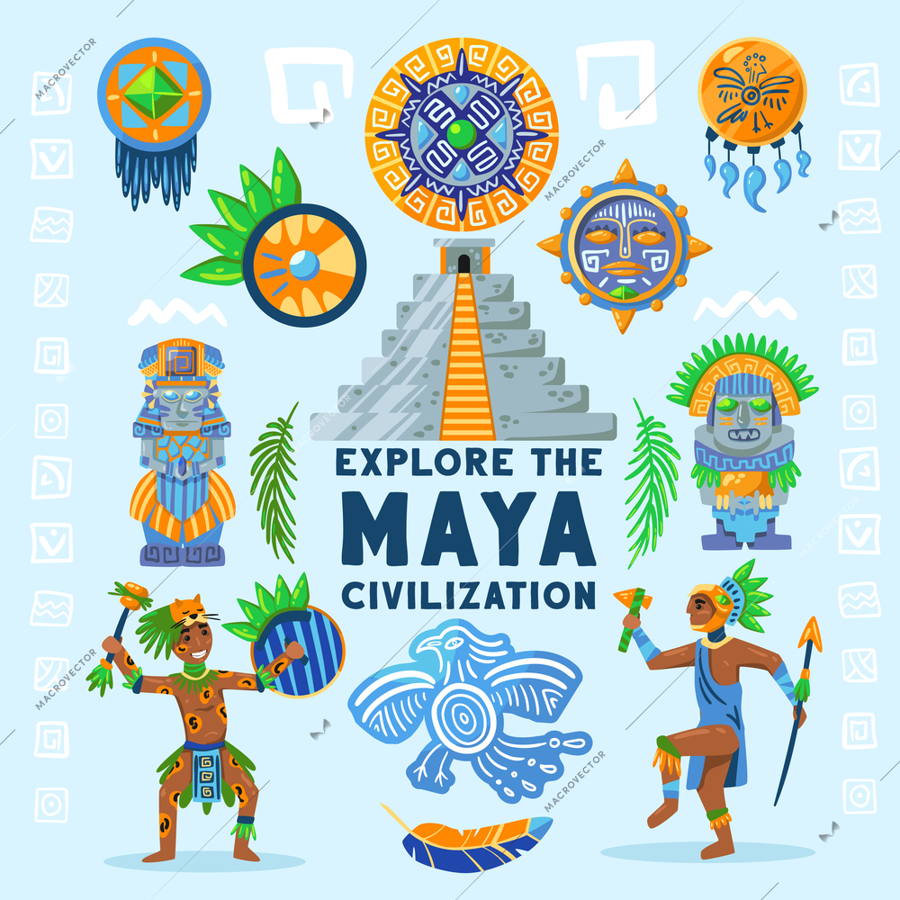 Maya civilization flowchart background composition with text surrounded by ancient idols characters hieroglyphs and traditional jewelry vector illustration