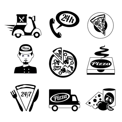 Fast food pizza delivery ingredients decorative black and white icons set isolated vector illustration