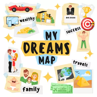 Dreams vision board composition with colourful cartoon images of dreams goals and photographs of happy family vector illustration