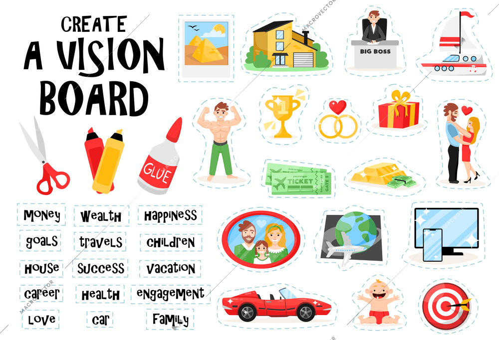 Create vision board set constructor with doodle images of scissors glue and cut out picture elements vector illustration