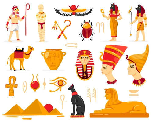 Egypt set with isolated images of ancient egyptian antiquities characters of worshippers authentic script and symbols vector illustration