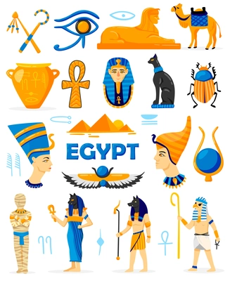 Egypt color set of isolated doodle characters with gods and worshippers ancient clothes antiquities and hieroglyphs vector illustration