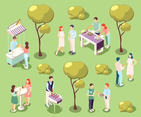 Catering and banquets in park isometric composition with food and drinks isolated vector illustration