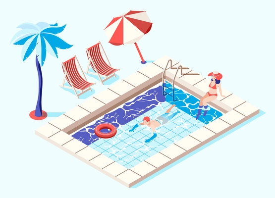 Swimming pool isometric concept with palms and chaise lounges symbols vector illustration