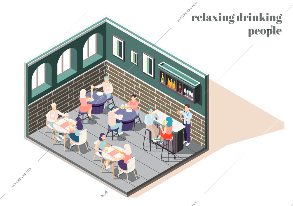 Relaxing and drinking people in bar isometric concept with leisure symbols vector illustration