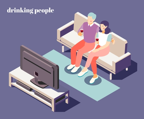 Evening at home isometric composition with couple drinking and watching TV symbols vector illustration