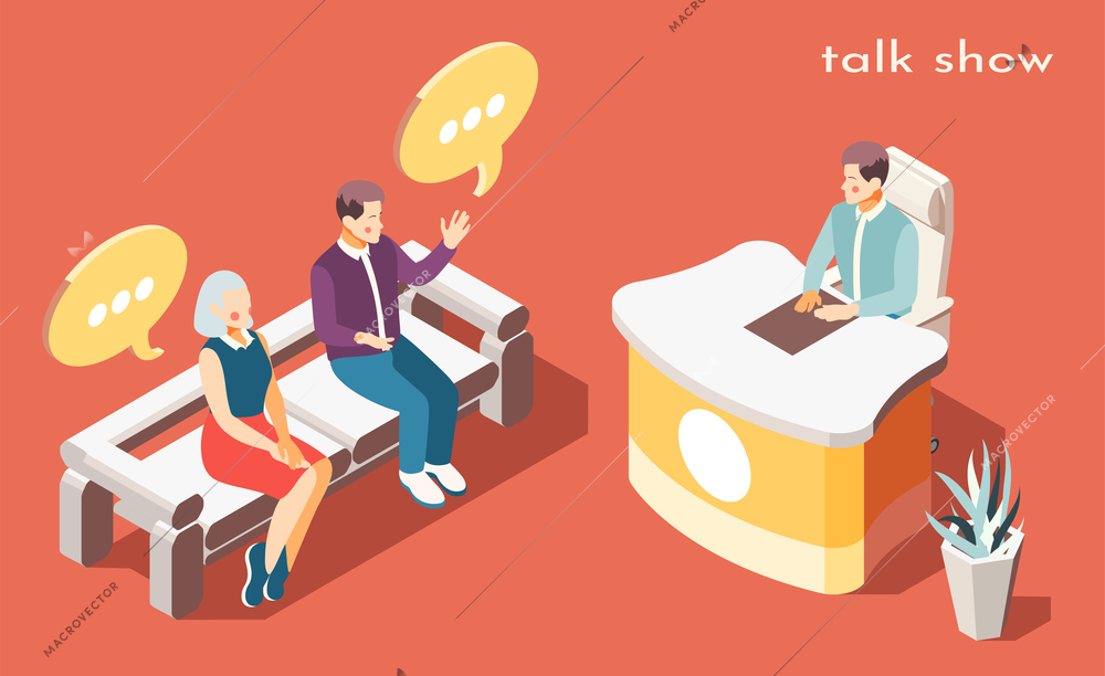 Talk show background with problem discussion symbols iaometric vector illustration