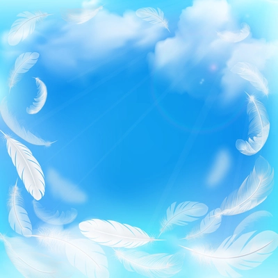 Blue sky abstract background bordered with elegant white feathers mixed with fluffy clouds realistic vector illustration