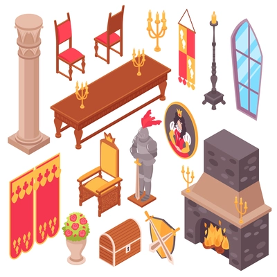 Isometric medieval castle royal hall interior set of isolated inside fitting images and pieces of furniture vector illustration