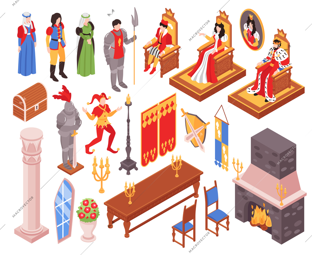 Isometric castle interior royal family set with isolated pieces of furniture and human characters of courtiers vector illustration