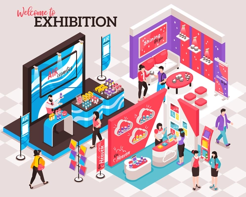 Isometric expo stand composition with ornate text and view of exhibition venue with colourful decorated spots vector illustration