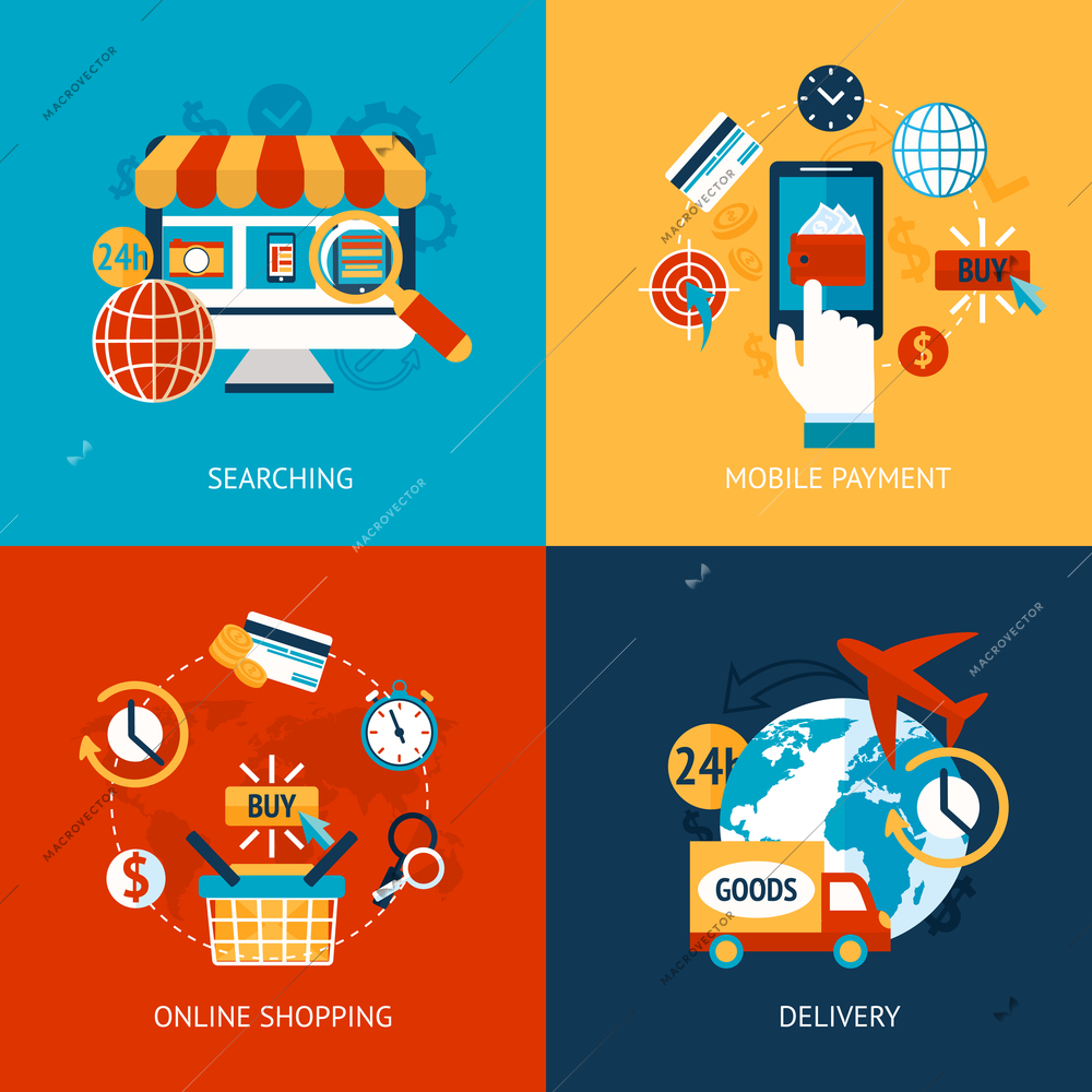 Business concept flat icons set of online shopping internet purchase and delivery infographic design elements vector illustration