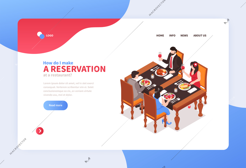 Isometric restaurant concept banner for web site landing page with clickable links buttons and editable text vector illustration