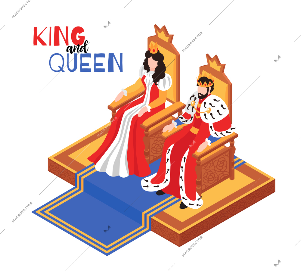 Isometric castle royal interior composition with text and characters of king and queen sitting on throne vector illustration