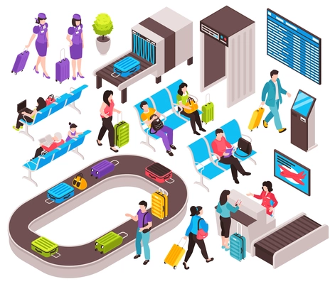 Isometric airport set with isolated elements of airport terminal zones with electronic devices and human characters vector illustration