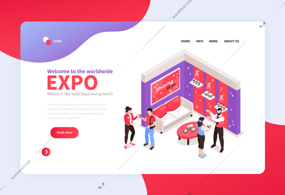 Isometric expo stand concept banner for web site landing page with exhibition booth design and links vector illustration