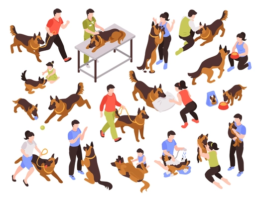 Isometric one day dog man owner set of isolated colourful images with animals and human characters vector illustration