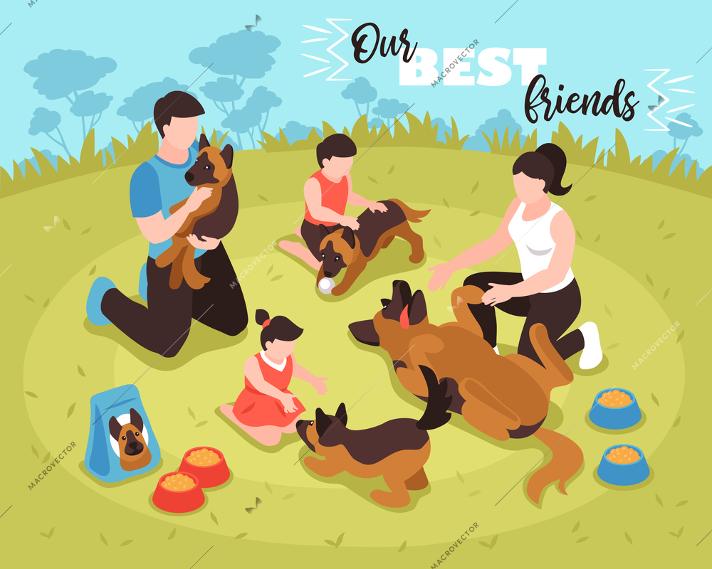 Isometric dog family composition with ornate text and outdoor landscape with human family and multiple dogs vector illustration