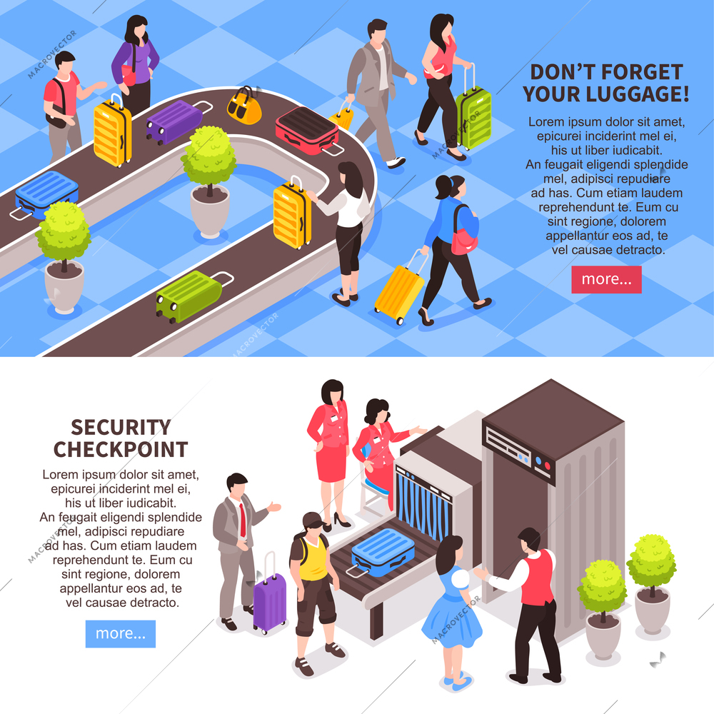 Isometric airport horizontal banners set with text buttons and images of luggage carousel and luggage carousel vector illustration