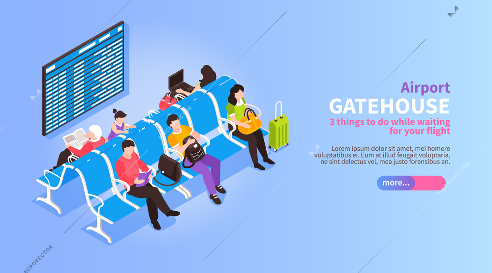 Isometric airport horizontal banner with view of passengers waiting for departure with editable text and button vector illustration