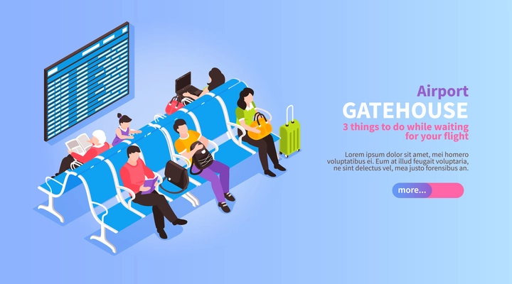 Isometric airport horizontal banner with view of passengers waiting for departure with editable text and button vector illustration