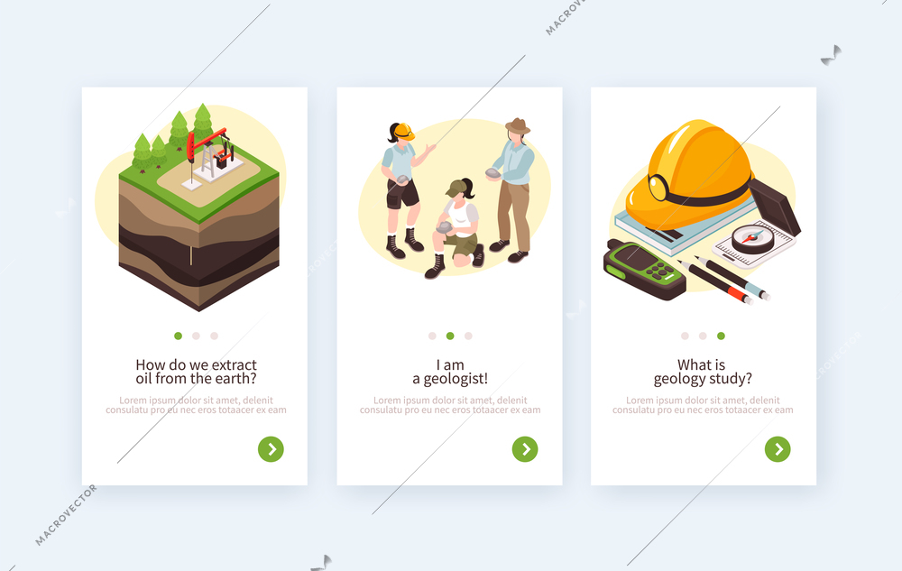 Isometric geology vertical banners collection with editable text description clickable page switch buttons and related images vector illustration