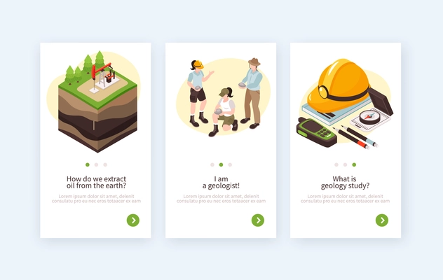 Isometric geology vertical banners collection with editable text description clickable page switch buttons and related images vector illustration