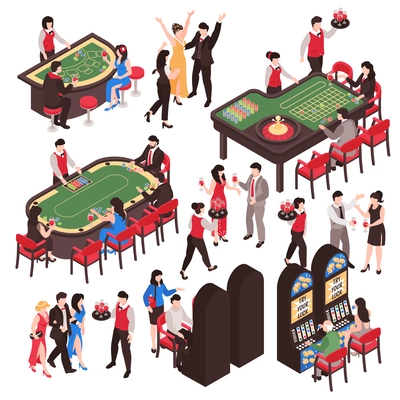 Isometric casino set with isolated characters of rich people and gaming tables with bankers and roulette vector illustration