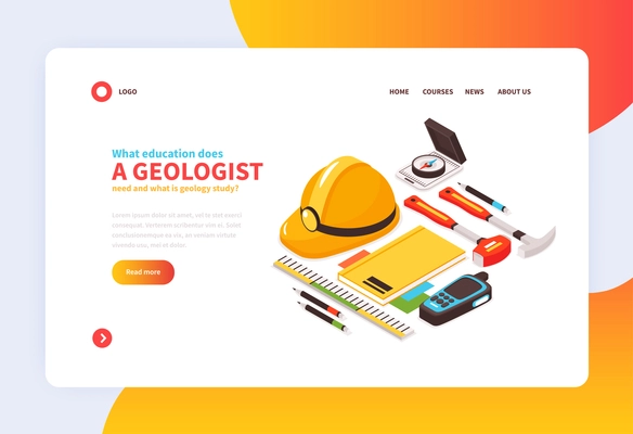 Isometric geology concept banner with images of geologists tools and clickable links editable text and buttons vector illustration