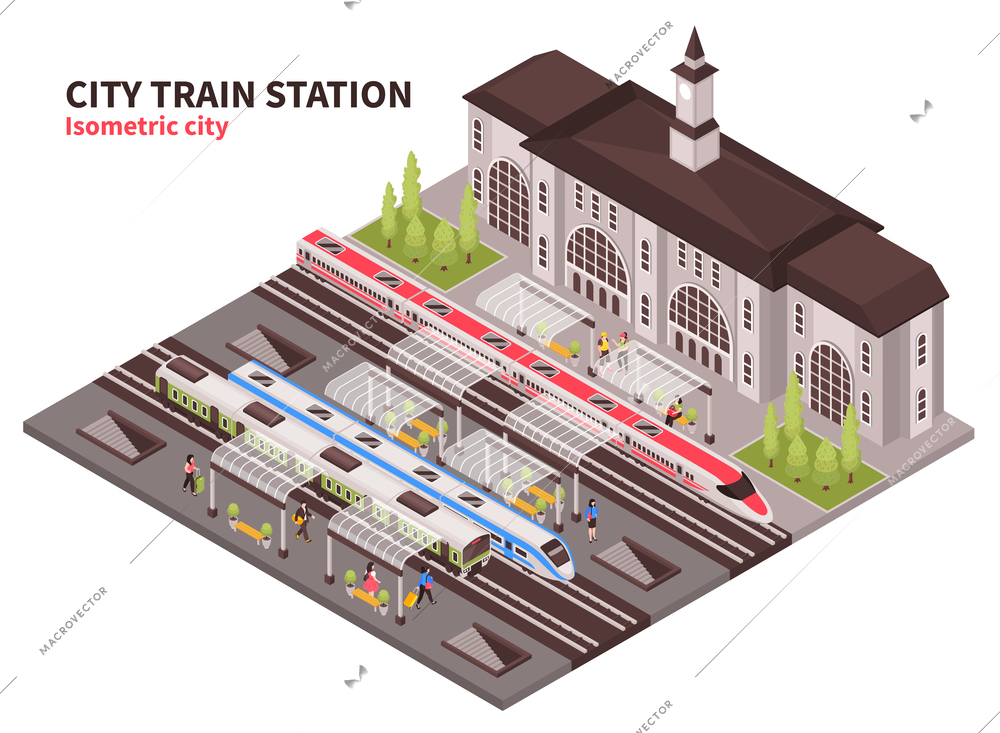 Isometric railway station composition with historical building of terminal and rail tracks with platforms and passengers vector illustration