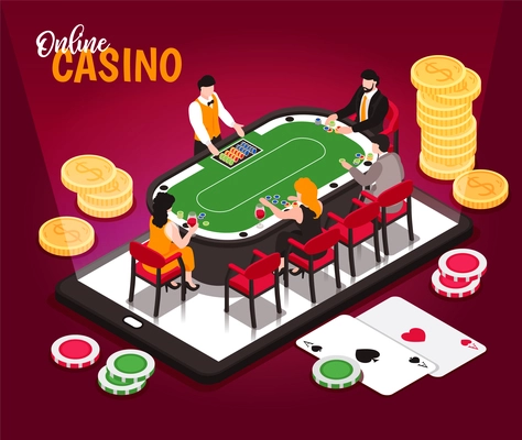 Isometric online casino conceptual composition with ornate text and images of coin piles with gambling table vector illustration