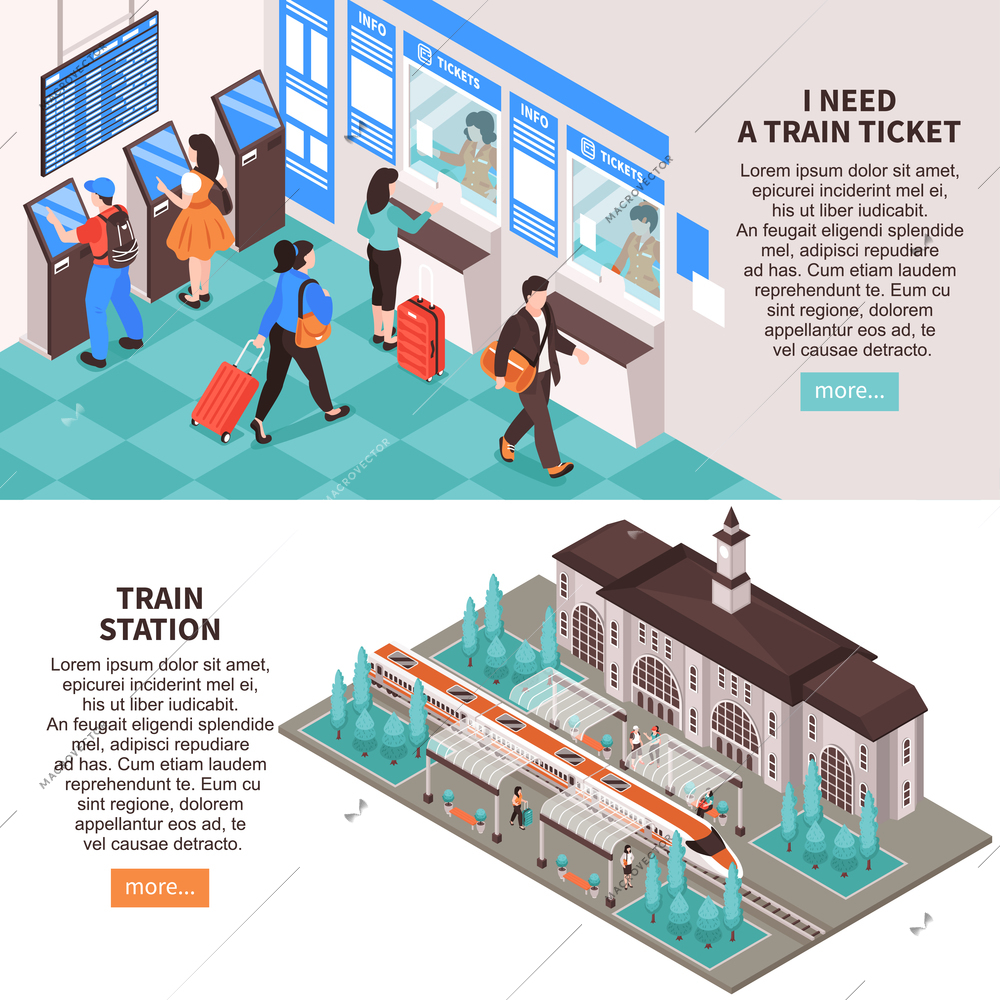 Set of two isometric railway station horizontal banners with text buttons and train terminal building images vector illustration