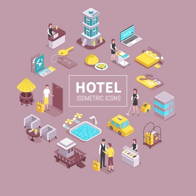 Hotel building facilities isometric elements circular composition with cleaning service swimming pool porter taxi reception vector illustration