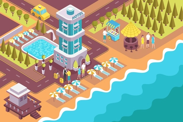 Resort beach hotel full lodging service located on shore exterior territory swimming pool isometric view vector illustration