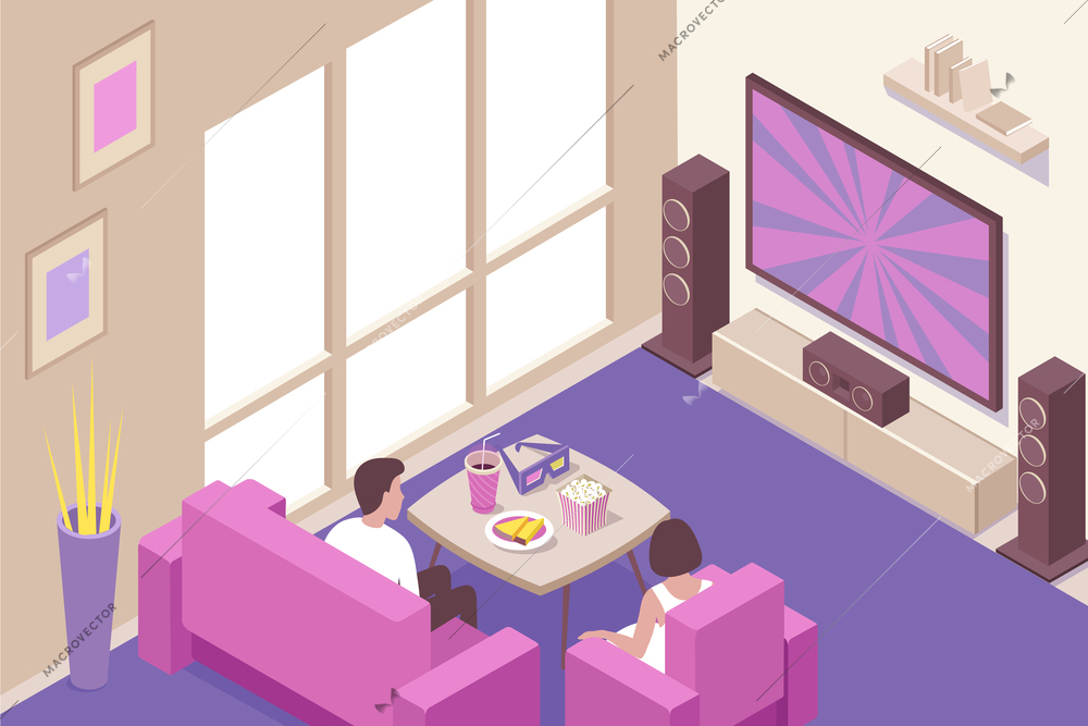 Young couple watching home online streaming and downloadable cinema movies with popcorn snacks isometric composition vector illustration