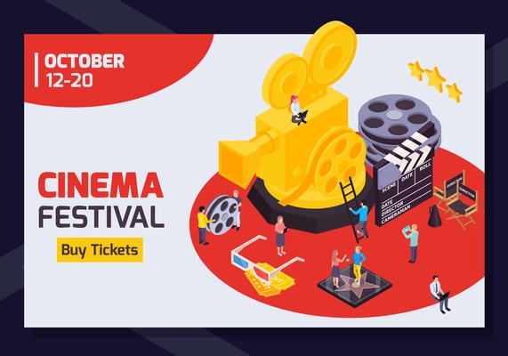 Isometric cinema festival horizontal banner with editable date text buy tickets button and golden camera image vector illustration