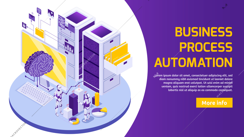 Robotic process automation horizontal banner with isometric images of electronics editable text and more info button vector illustration