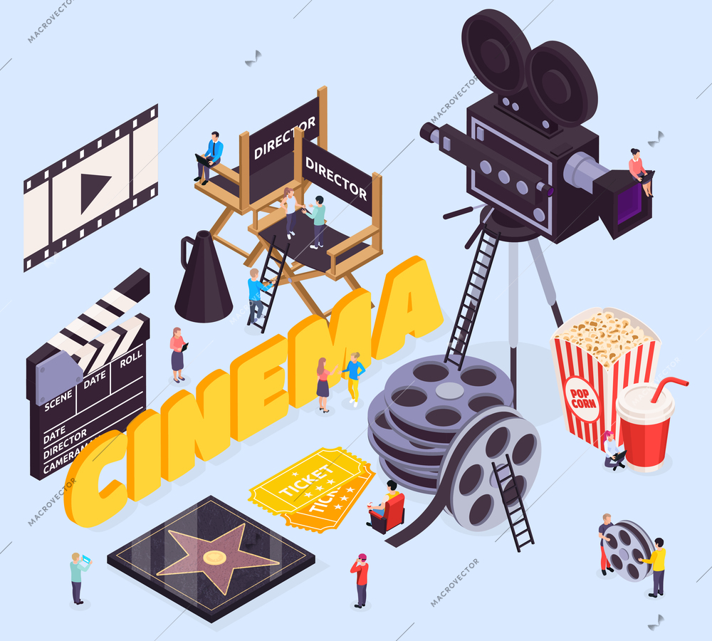 Isometric cinema composition with text and movie making tools directors chairs reel and camera with people vector illustration