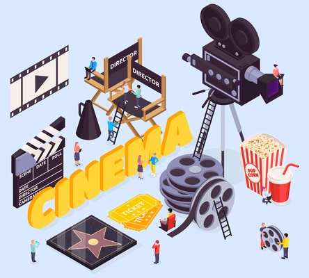 Isometric cinema composition with text and movie making tools directors chairs reel and camera with people vector illustration