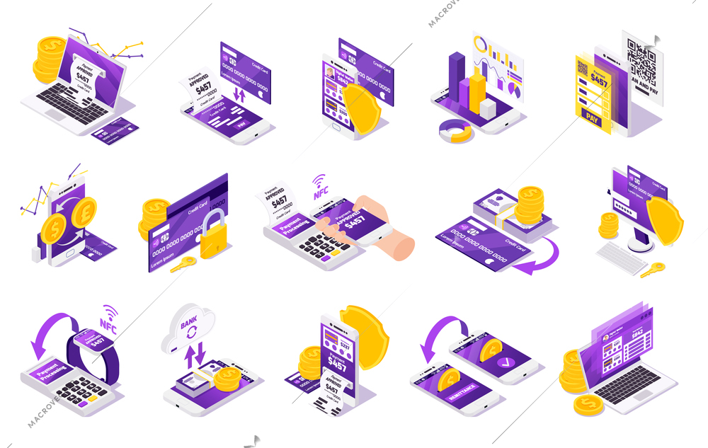 Online payment isometric icons collection with images of golden coins security shields locks and electronic gadgets vector illustration