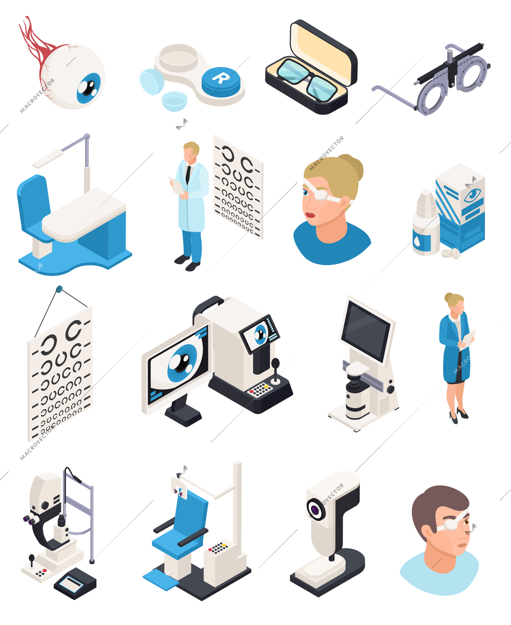 Ophthalmology isometric icons set with isolated images of human heads and eye sight examination medical apparatus vector illustration