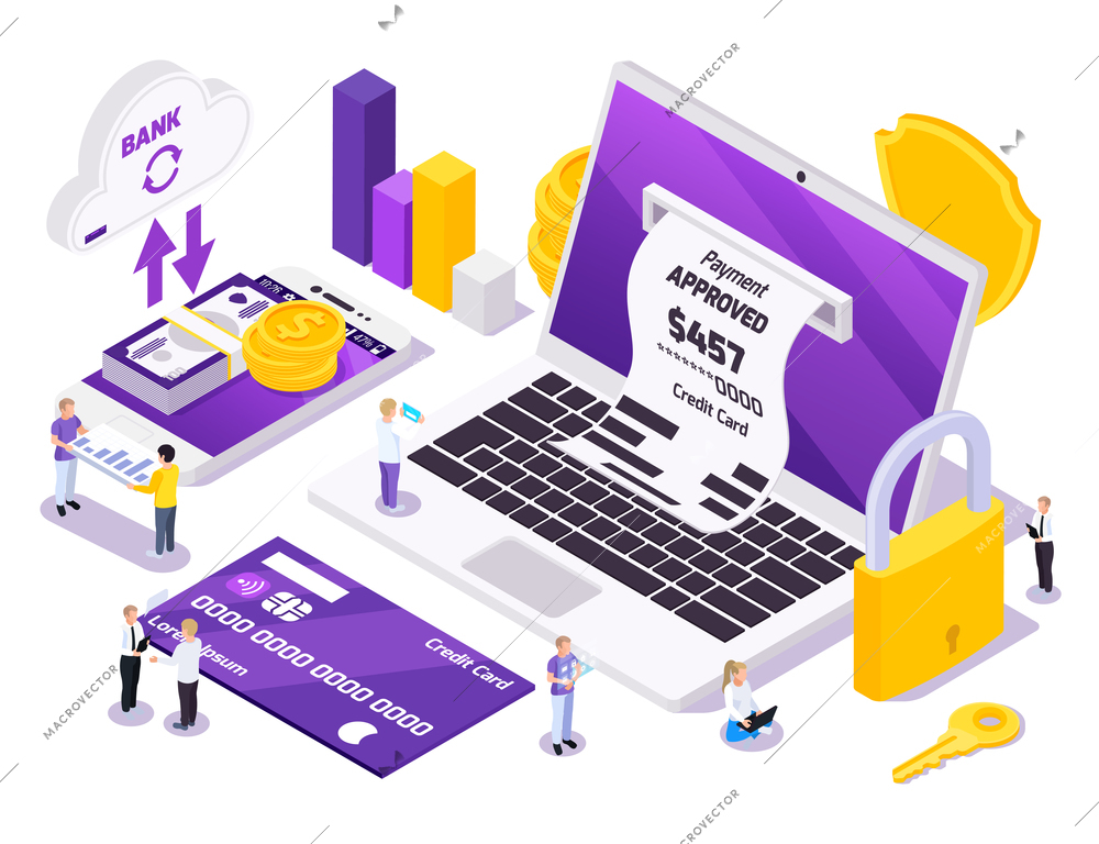 Online payment isometric conceptual composition with small people and icons of keys money with electronic gadgets vector illustration