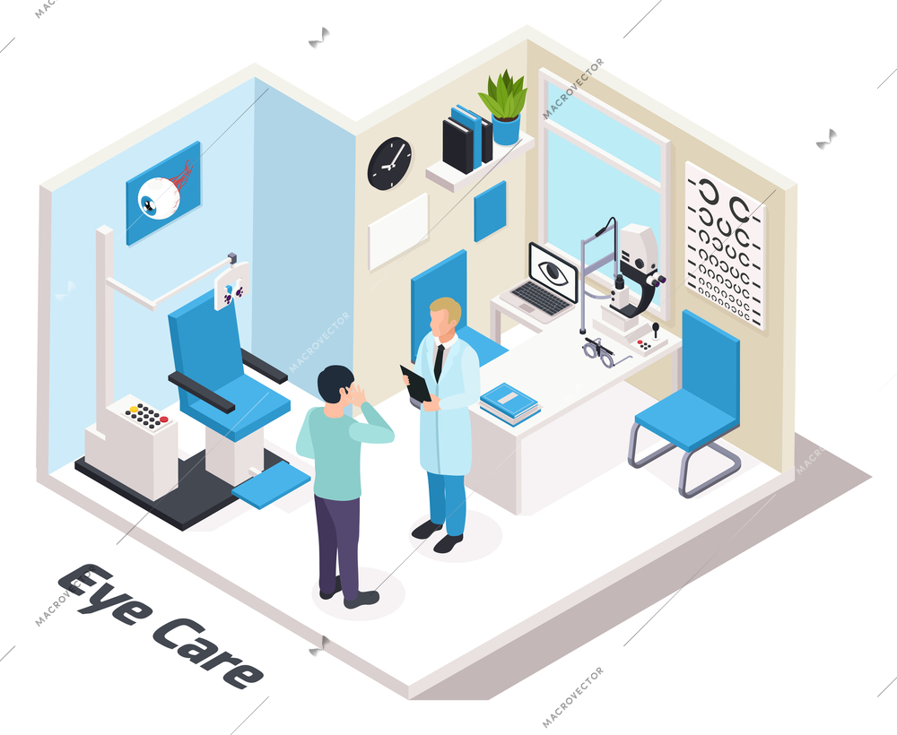 Ophthalmology isometric composition with view of eye care specialists office with human characters furniture and text vector illustration