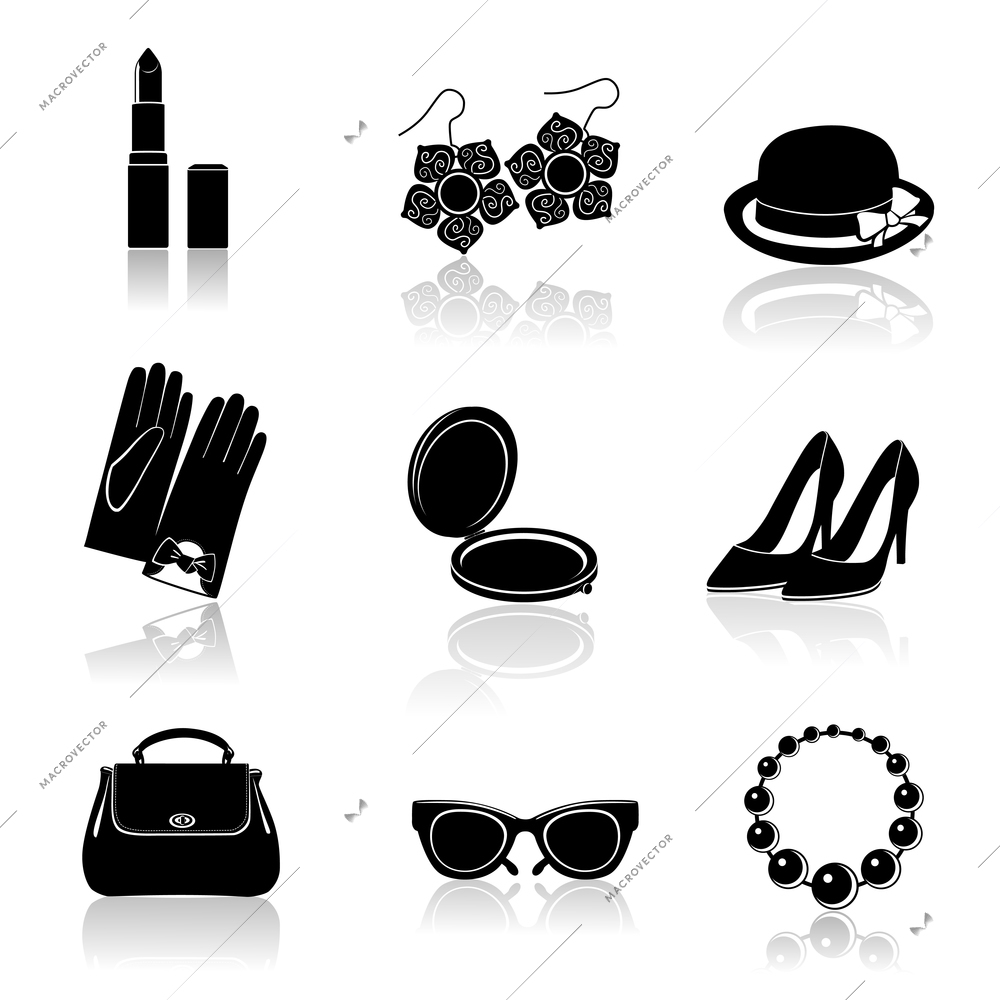 Woman fashion stylish casual shopping classic black icons set isolated vector illustration.