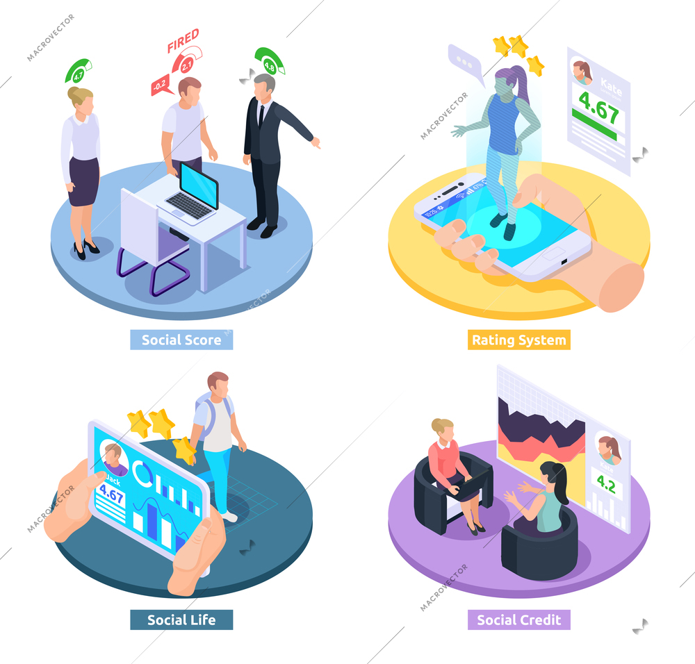 Social credit score system isometric 2x2 design concept with compositions of conceptual images with text captions vector illustration