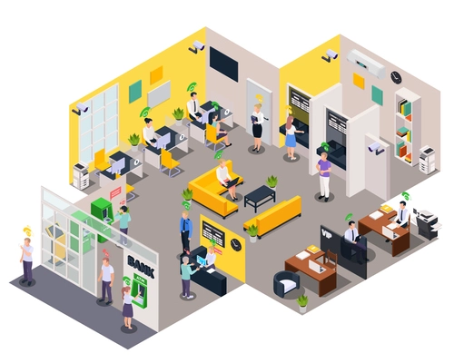 Social credit score system isometric composition with view of office people characters and rating level pictograms vector illustration