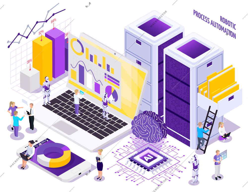 Robotic process automation isometric composition with little human characters and images of office workspace essential elements vector illustration