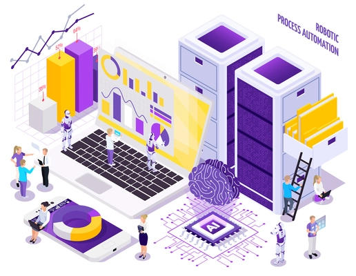 Robotic process automation isometric composition with little human characters and images of office workspace essential elements vector illustration