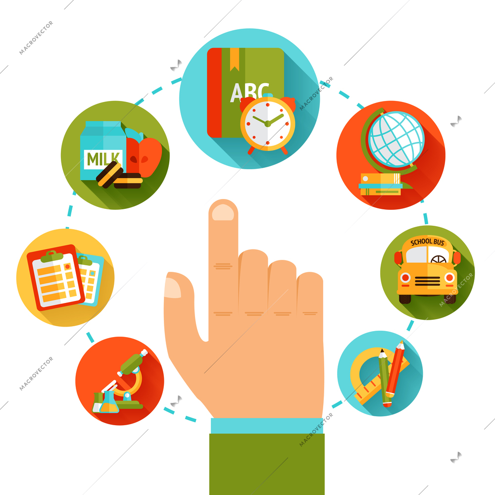 Hand pointing on education icons set studying elements concept vector illustration